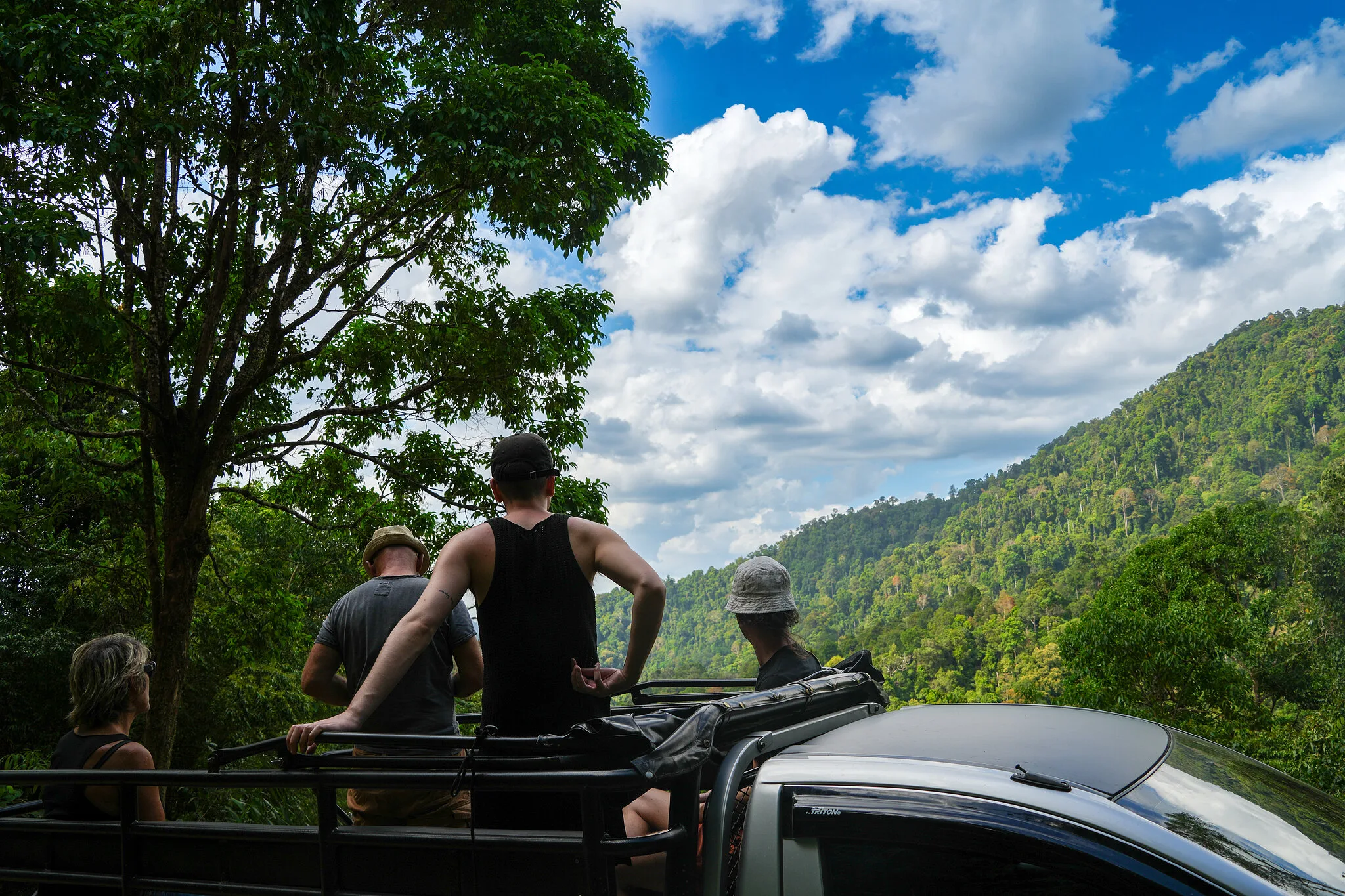 Guests on the back of the safari truck looking out over forested mountains near Khao Lak