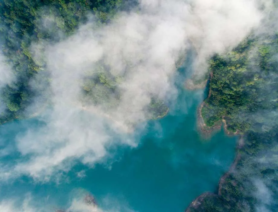 Aerial view of a Khlong Saeng lake within Khao Sok