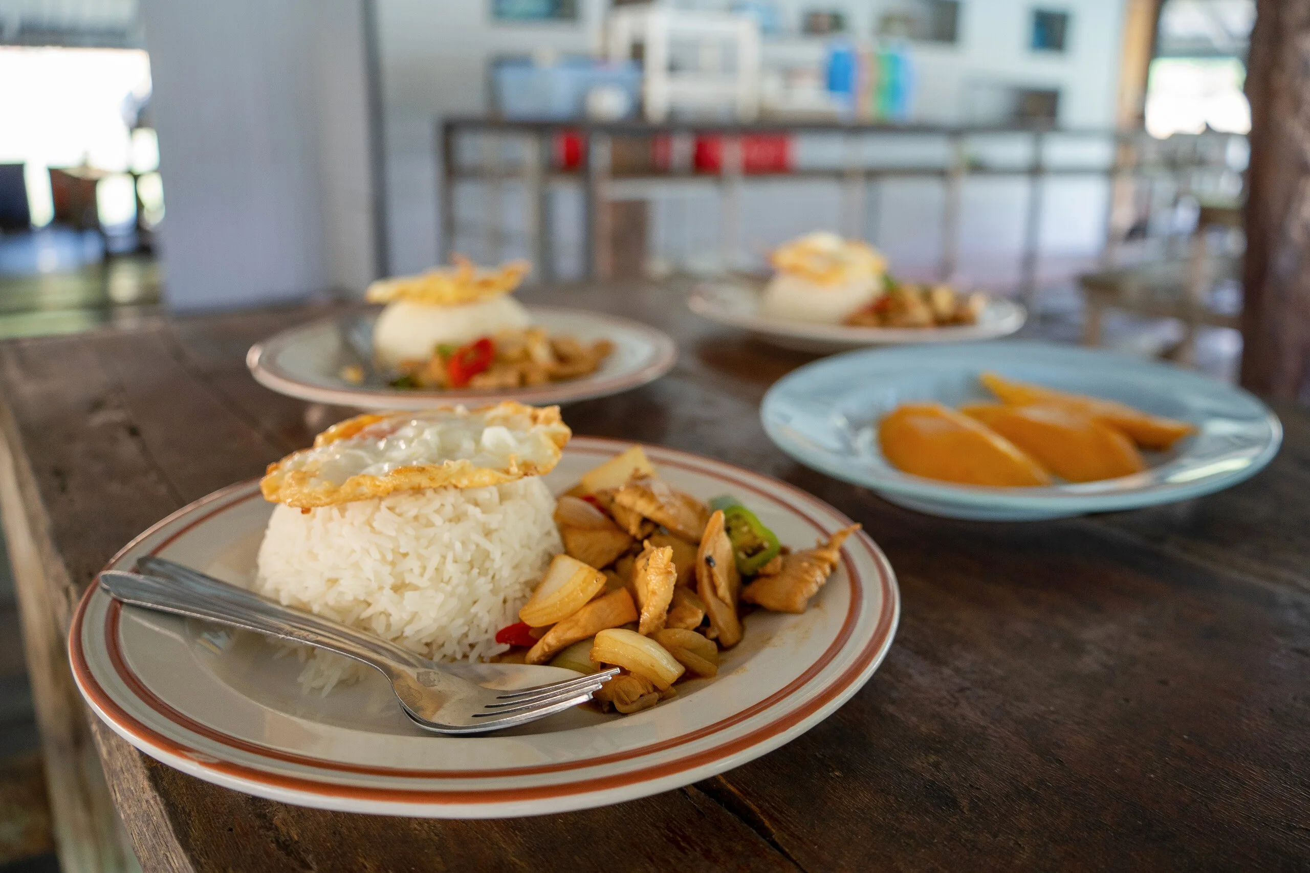 Thailändisches Mittagessen mit Reis und Spiegelei, einem thailändischen Gemüsepfannengericht und frischem Obst in einem schwimmenden Floßhaus auf dem Cheow-Lan-See