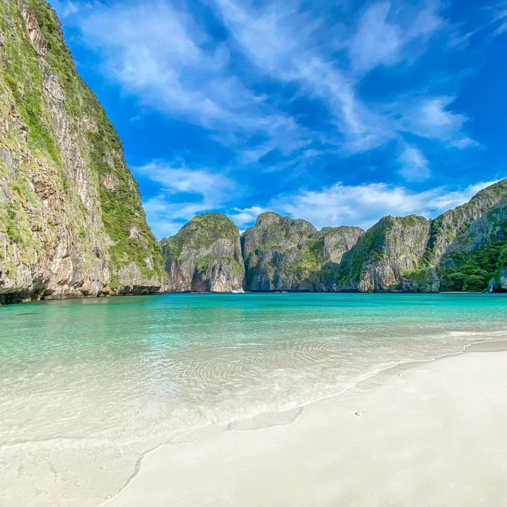 Phi Phi Islands from Khao Lak — Maya Bay and limestone cliffs by speedboat