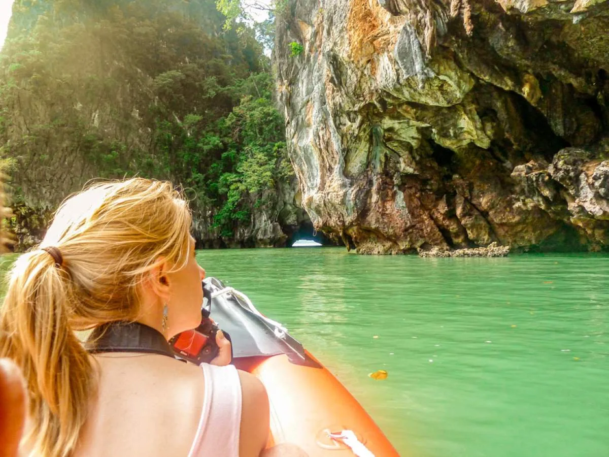 Sea canoe drifting past Hong Island in Phang Nga Bay