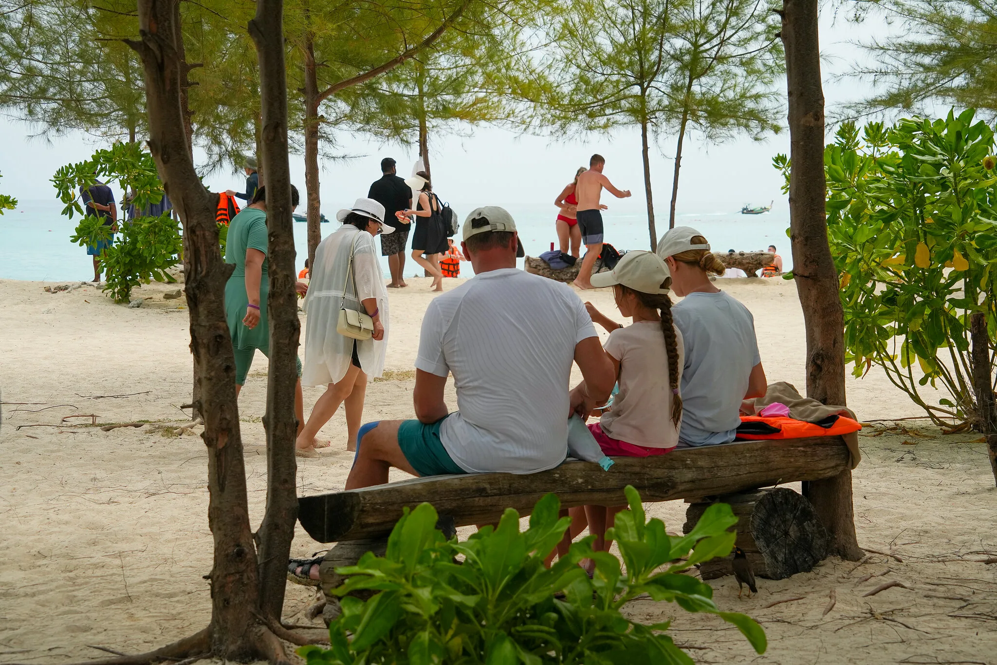 Family relaxing in the shade of casuarina trees on the white-sand beach of Bamboo Island
