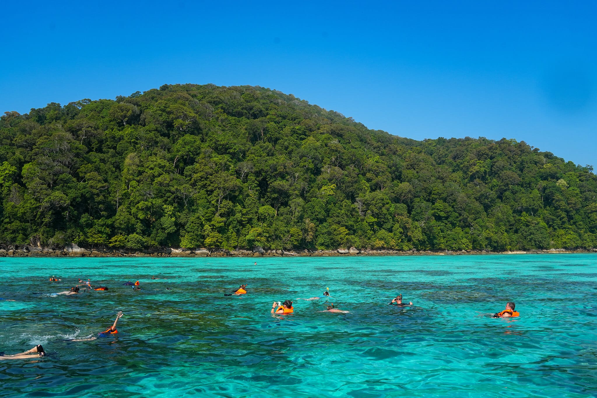 Snorkelers in life vests exploring a clear turquoise bay below forested hills, Mu Ko Surin National Park