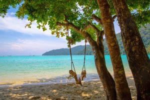 Rope swing hanging from shady beach trees above clear turquoise water on the Surin Islands