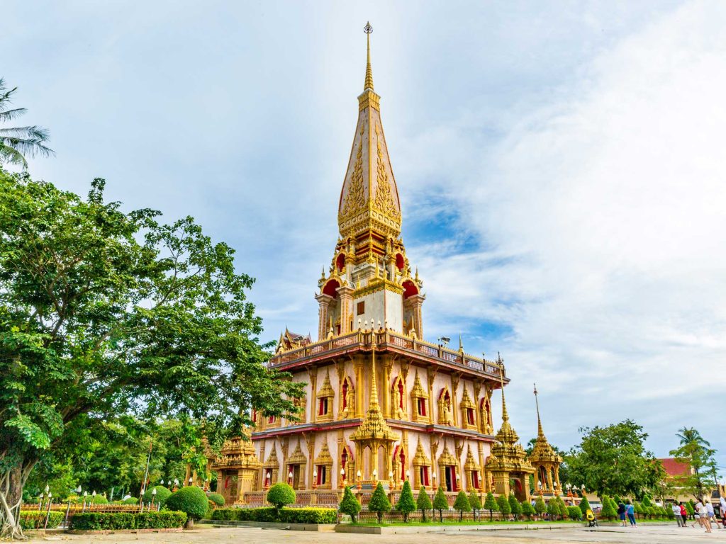 Golden chedi towers at Chalong Temple in Phuket