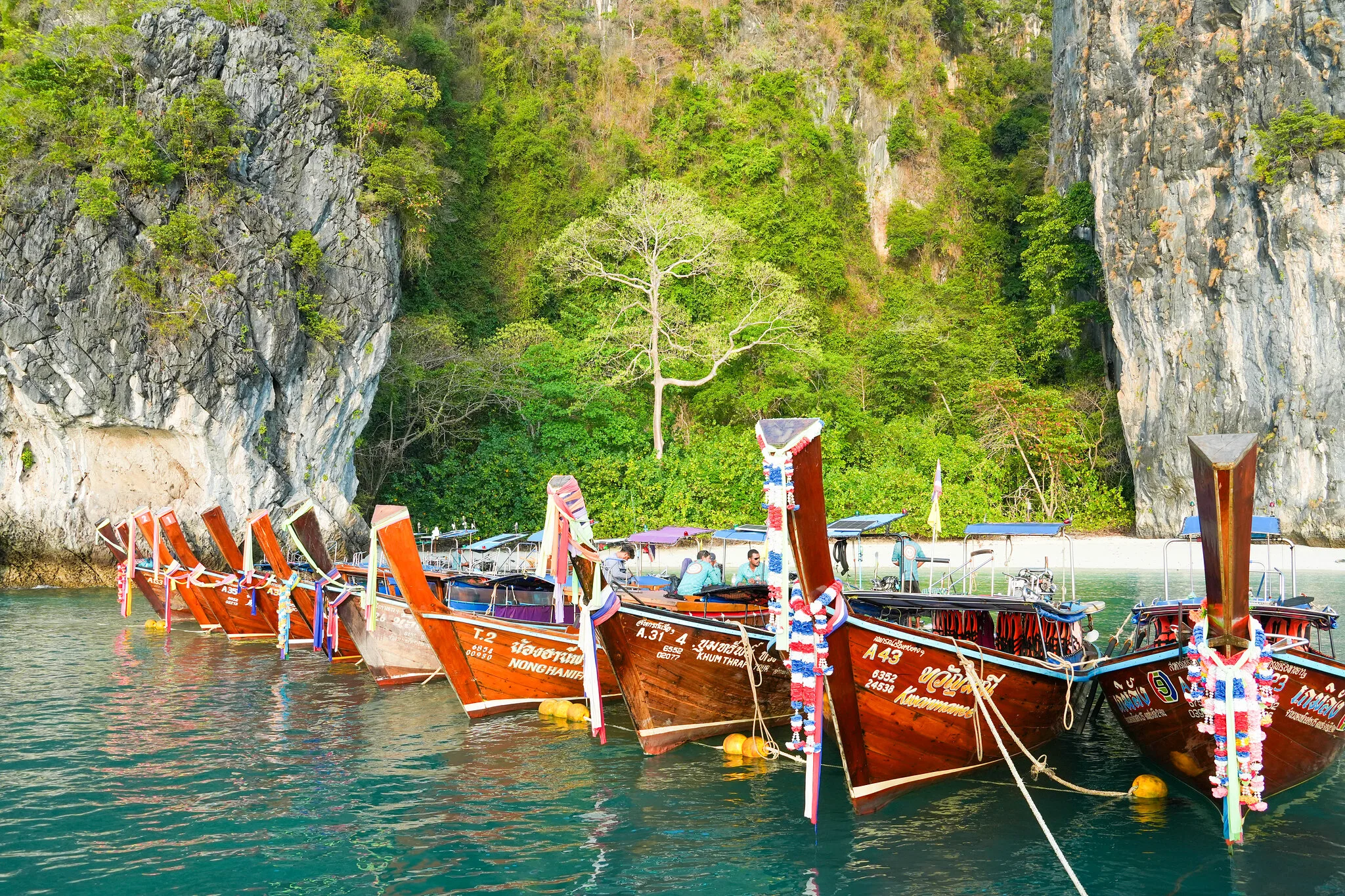 Colourful longtail boats moored below limestone cliffs on the Krabi island-hopping tour