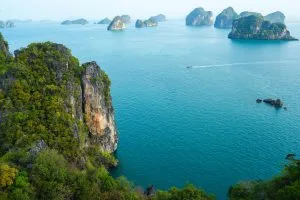 Limestone islands scattered across the blue Andaman Sea, seen from the Koh Hong viewpoint, Krabi