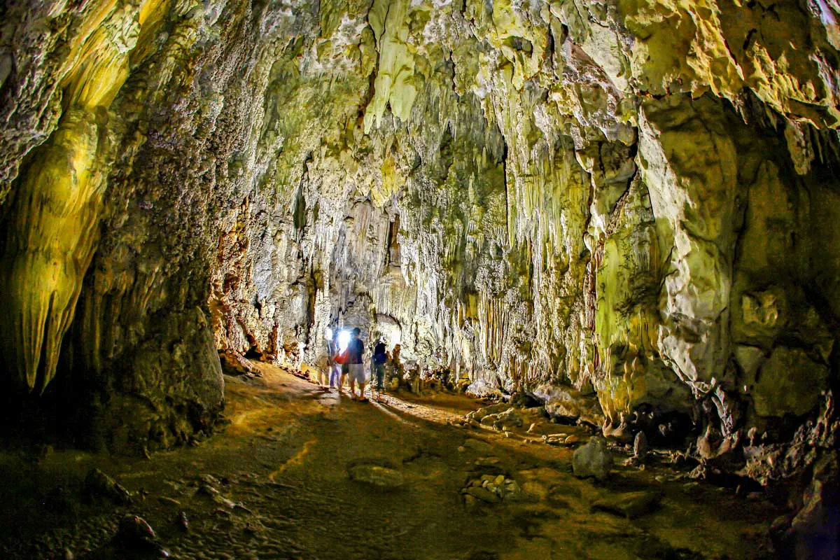 Close-up of stalactites and stalagmites in Pakarang Cave