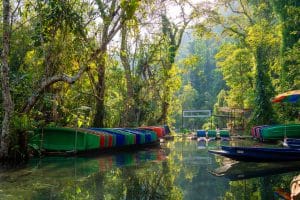 Bunte Longtail-Boote in einer klaren Dschungellagune bei Khao Sok
