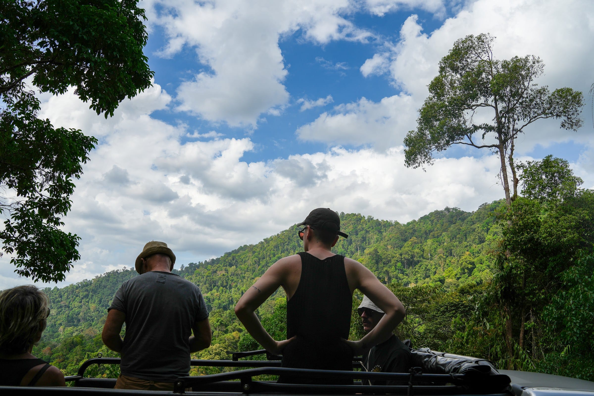 Guests stand in the open truck bed taking in a panorama of forested mountains on the Khao Lak off-road safari