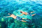 Two snorkellers float side by side in the clear turquoise water off the Phi Phi Islands.