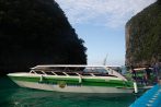 Khao Lak Land Discovery speedboat moored at the Phi Phi Islands during a day trip.